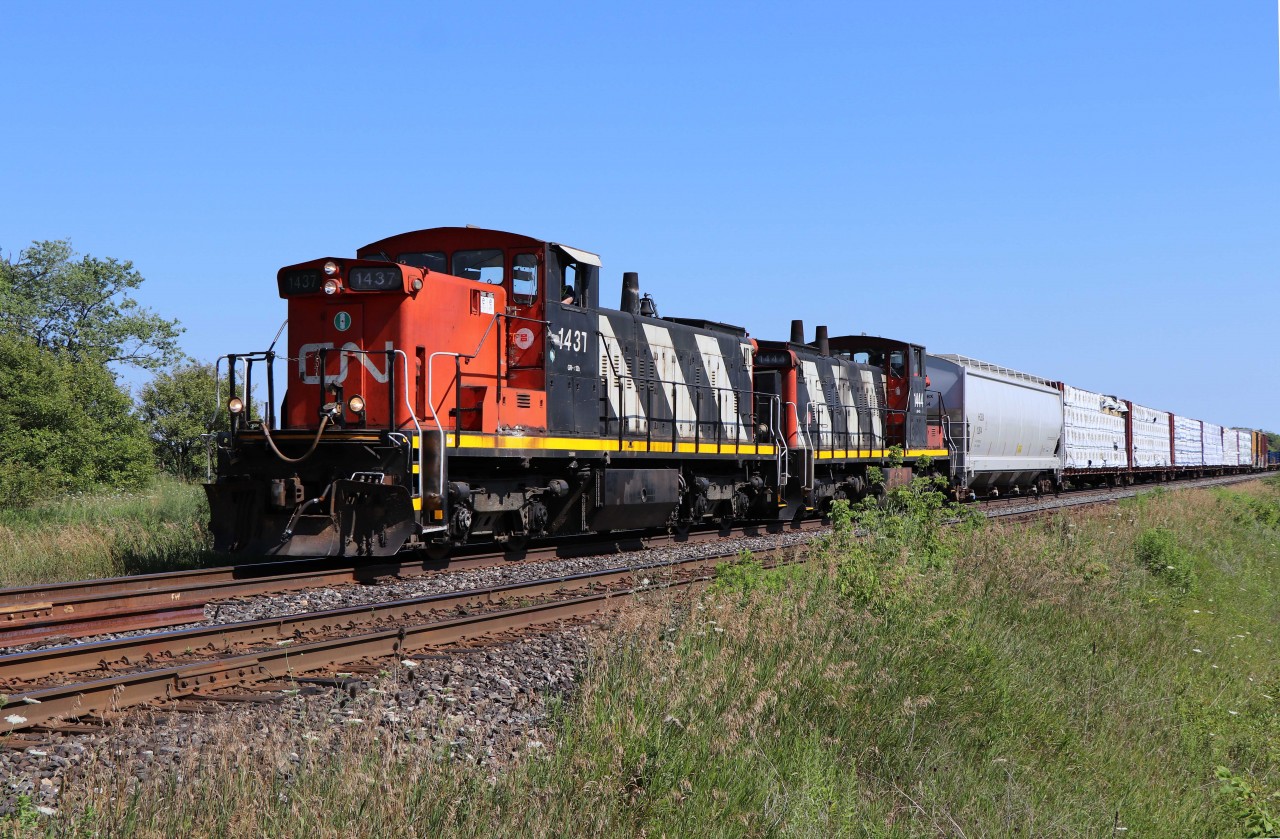 After hearing that a pair of GMD1s were at Aldershot and assigned to 551 this afternoon, I headed up to the Halton sub to catch them on their way to Milton (hauling 16 cars). Of the 39 units rebuilt by CN in 1988 and 1989 (15 with A1A-A1A trucks that were later converted to B-B trucks, and 24 with B-B flexicoil trucks), 14 are still on the CN roster in July 2020 with 7 in service, 5 stored servicable, 1 awaiting repairs and another awaiting disposition). From what I have heard 5 are around Winnipeg and another 5 are in southern Ontario--so catching two of them operating together is a rare treat!