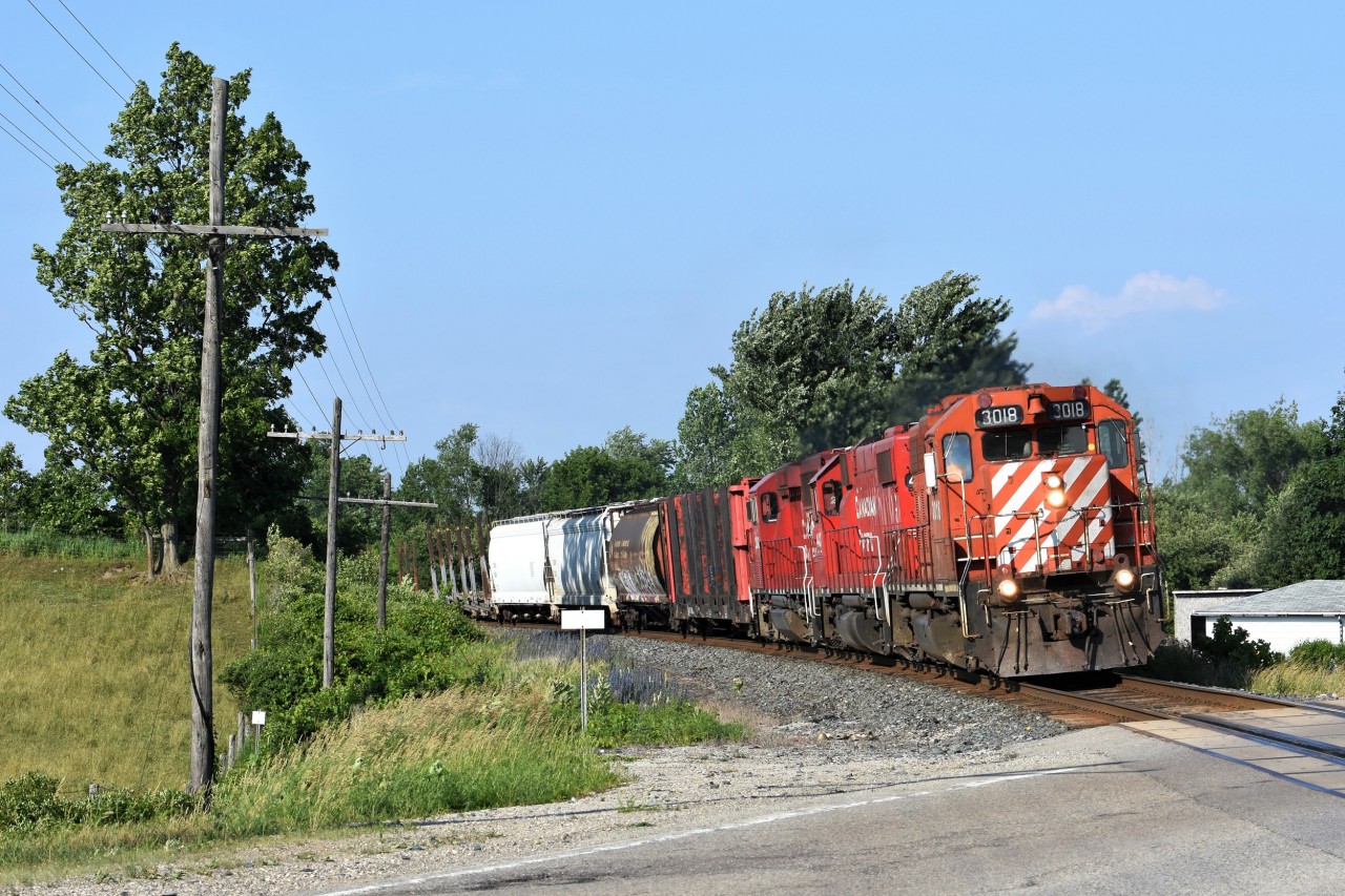 For part of May and the whole month of June, the local power out of London has had CP 3018 on it, one of 3 action red GP38's left on CP's roster. For the majority of it's time in Southern Ontario it was either facing East or was sandwiched between 2 other CP geeps. Thankfully towards the end of June the power was swapped around so that 3018 would lead West. Here we see the action red geep leaning into the curve at Drumbo on it's journey West back to London.