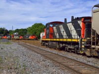 CN 1408 rests on the tail of L542 in XV1 while L568 shoves towards XV wye headed for the Guelph Sub.  Once on the main they will depart light power for Kitchener.