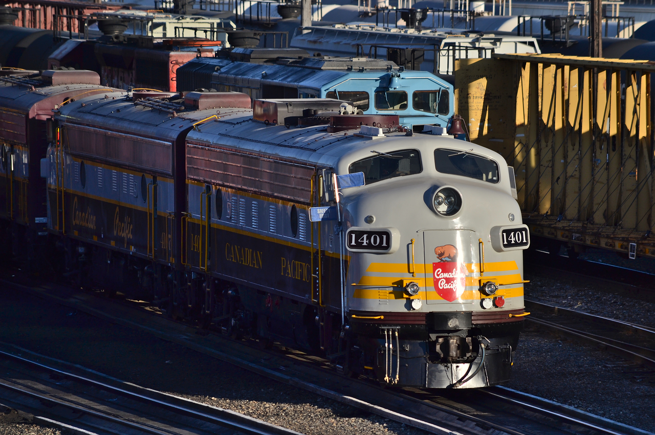 Talk about out of town luck. CP 1401 and its sisters were brought from Ogden down to Aylth for work of some sort  earlier in the day. Of all the places, CMQ 9021 just happened to be sitting beside the three F units.