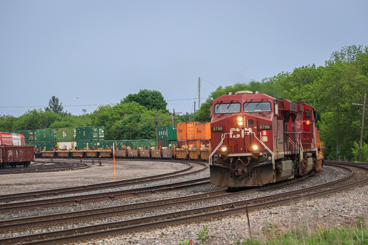 CP 143 comes into the old CPR station at Smiths Falls, with CP 8768, & CP 8046 hauling containers bound for Chicago.
