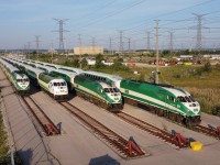 GO Trains sit awaiting their call to service at the Milton GO layover facility.
