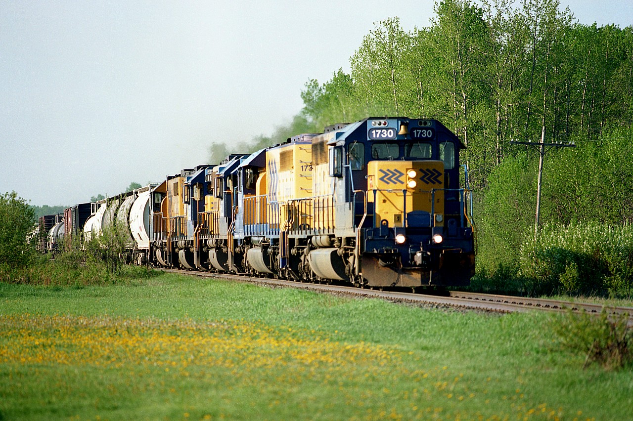 Rather colourful morning scene, southbound ONR train out of Englehart about to cross Hwy 624 en route to North Bay. The power consists of ONR 1730, 1736, 1806, 1804 and 1802. A wide patch of dandelions completes the colour to this scene. Image shot with Mamiya 645 using 400 ISO film at 500 f5.6 telephoto lens for those who take an interest in this sort of thing. This also accounts for the field up close being out of focus. Awh, the pre-digital fun days!! Interesting to note all 5 units are still in service on the ONR.