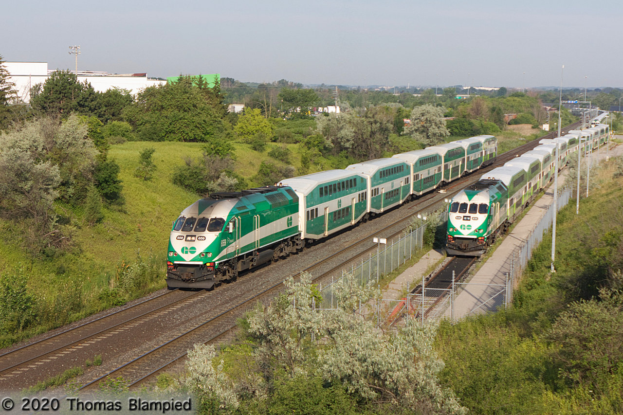 I never thought I would see 6-car GO trains on the Lakeshore East Corridor. Back in March, I was wondering how long GO could operate during rush hour using L12 sets that were standing-room only. But then the world changed. GO ridership plummeted 90% almost overnight and service was cut back to hourly. Here we are in mid-July and I finally got up the courage to head back trackside. GO 659 heads past the layover at Henry Street with an L6 set. While some of the rush hour trains are getting longer again and more trains are running, most Lakeshore East services are still L6. How long until the return of L10 and L12 sets running every 15 minutes? Will that ever happen again?