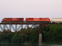 140's train crosses the Grand River at sunset. The SD70ACU's make a really nice change from the sea of GE's that have been the standard since the SD40-2's were standard since the great days when the MLW's were still around. I moved to Cambridge just after that era ended, but it's easy to imagine the sound of them grinding up Orr's Lake hill. So for now, it's SD70's and that wonderful heritage scheme that have made CP really interesting again.