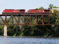 147 flies out onto the Grand River bridge in downtown Cambridge. I'm sure the crew is enjoying lots of power and a short train as they will make quick time up Orr's Lake Hill on their way to London.
