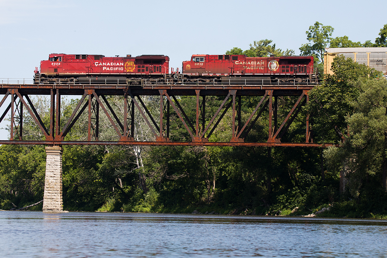 147 flies out onto the Grand River bridge in downtown Cambridge. I'm sure the crew is enjoying lots of power and a short train as they will make quick time up Orr's Lake Hill on their way to London.