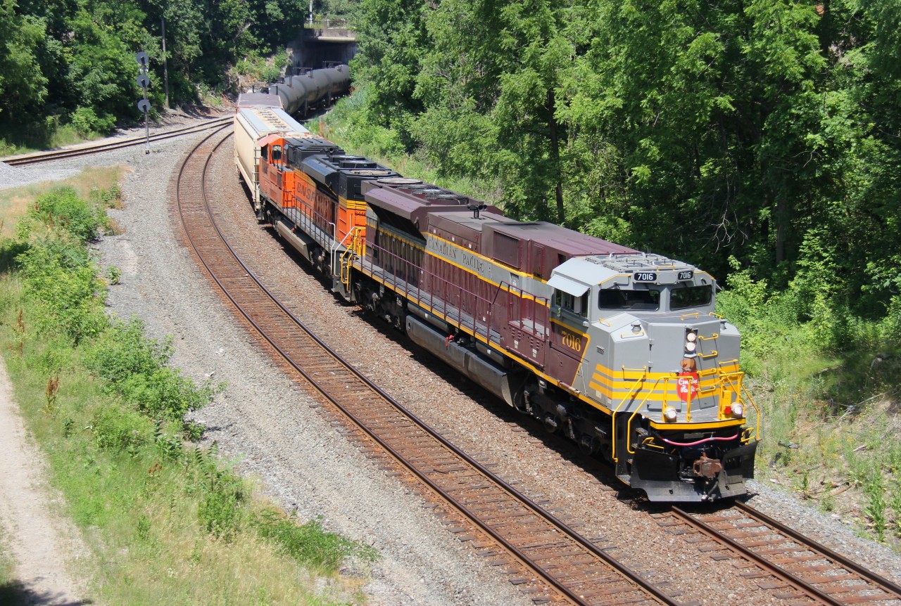 As the summer winds down, looking back, there were some great trains in the area. CP 246 is pictured about to duck under Dundurn St. in Hamilton with Heritage unit CP 7016 and BNSF SD70ACe 8446. By this time, I almost had enough of the 7016 as it was floating around the area for quite some time. However, since it had the BNSF trailing, I thought it would be cool to capture a CP Heritage painted unit with an American railroad unit.