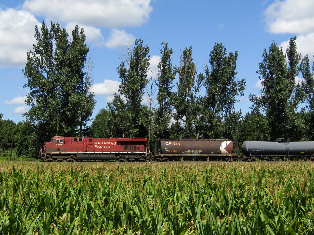CP 8805 pushes CP 650 eastbound out of Innerkip Ontario, past one of many corn fields they would have to go by. Although it is just a Gevo (ES44AC), the more interesting rail artifact is the CP buffer car with the mulitmark logo, active in its second life to this day!