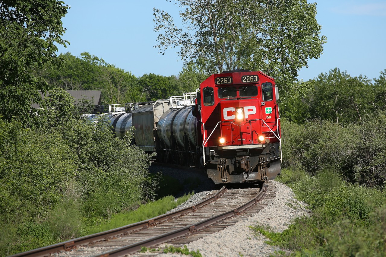 CP 2263 leads TE11 over the joined rails of the Dunnville Spur.  Having finished work at Port Maitland the train is about to pass through Dunnville on its way back to Welland Yard.