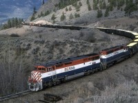 BC Rail 4615 and 742 are southbound at Pavilion and approaching Lillooet as they make their way to North Vancouver. I've heard, through the grapevine, that CN may close the line from Nth Van to Williams Lake. I live near this route and there's maybe one train a week if that. It doesn't help that the lumber mills here have shut down, even if only temporarily. How times change.