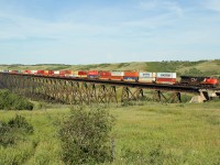 CN 2812 heads an intermodal eastbound over the Battle River Trestle on CN's Wainwright Sub.