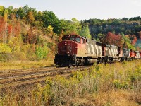 CN 433 climbs up the grade through Dundas during an early fall morning with a solid four-axle consist that included; 9525, 3518, 3502, 4136 and 7034. 