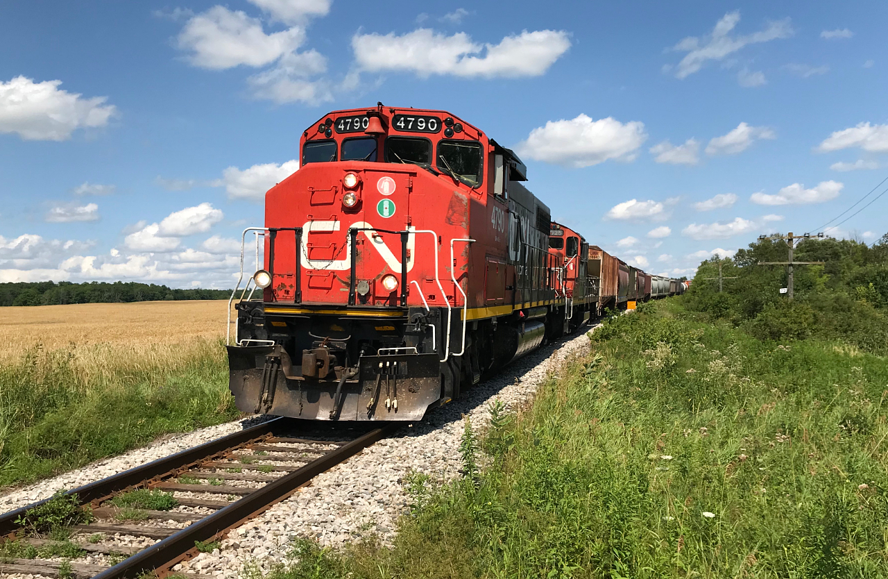 CN L568 with 4790 and 7025 are at Mile 72 of the Guelph Subdivision in Baden, Ontario heading westbound to Stratford. July 31, 2019.