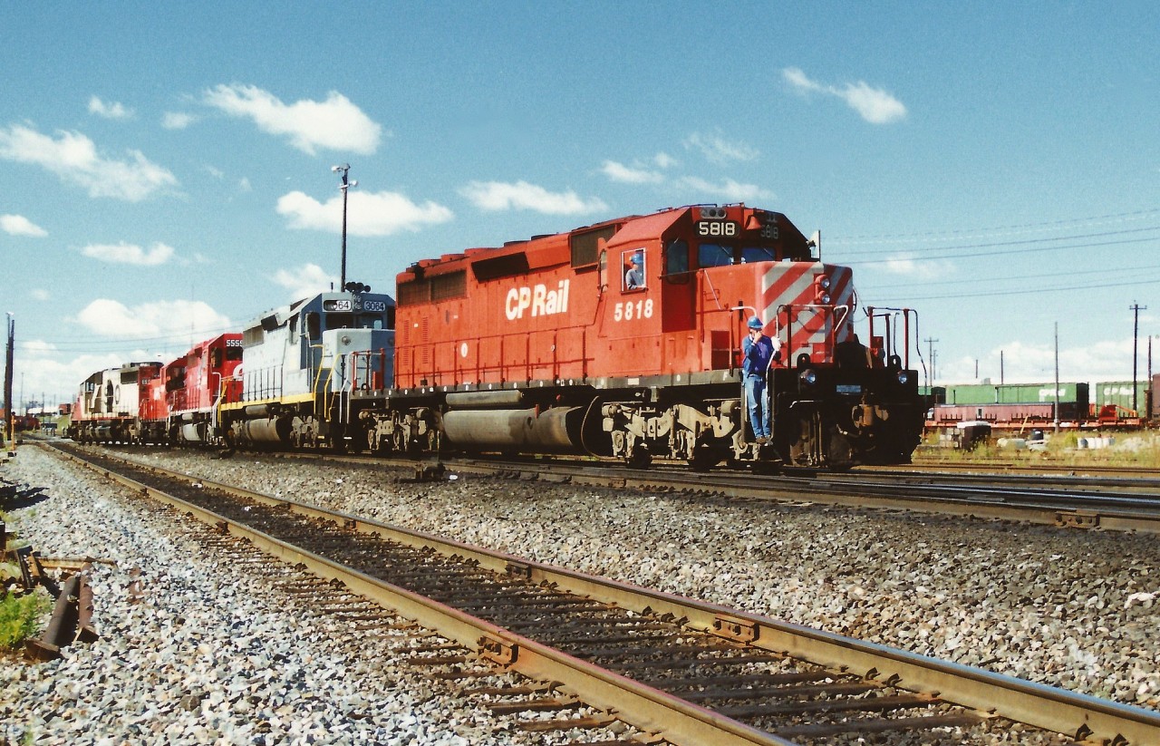 CP 5818 along with several other units are seen being moved by hostlers at CP's diesel shop in Toronto Yard. The units included; 5818, PNC 3064, 5559, 8119 and SOO Line 6621.