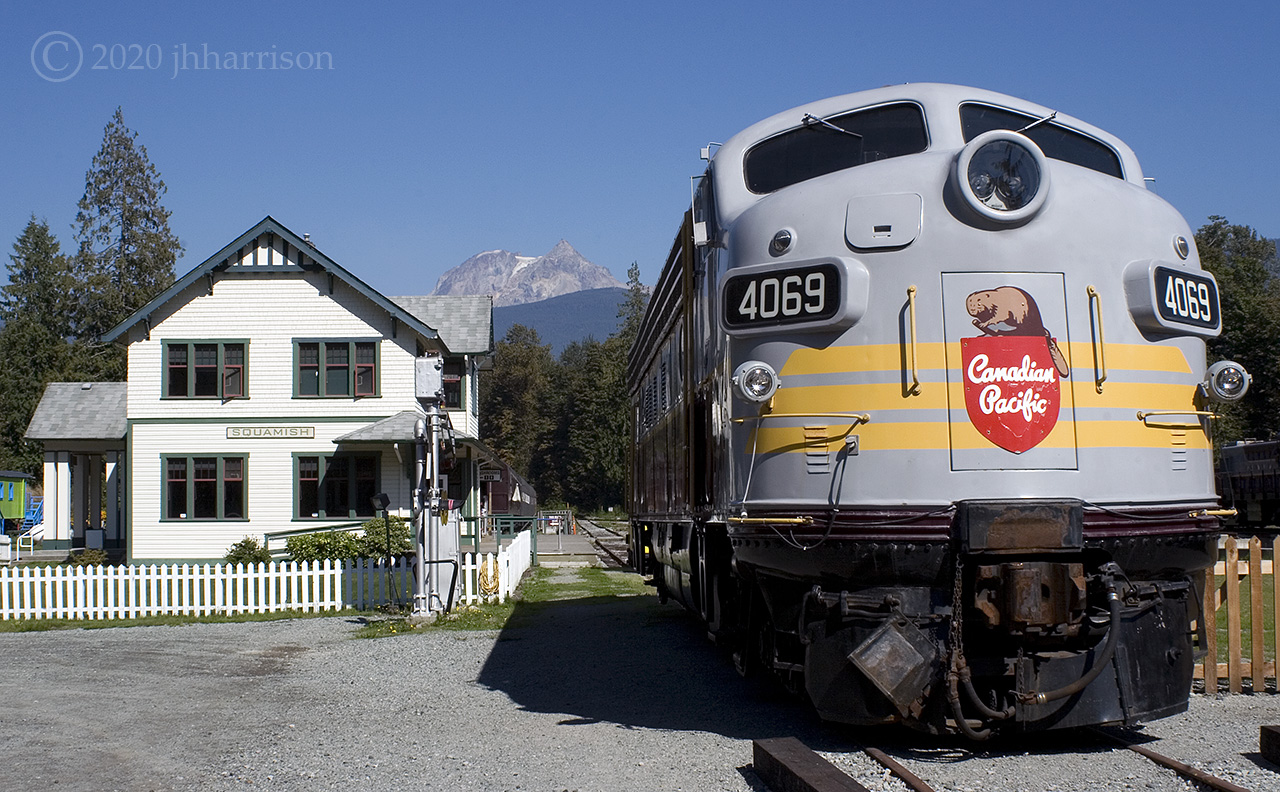 CP 4069, an FP7A built by GMD in 1952, poses near the Squamish Station at the West Coast Railway Heritage Park in Squamish. The unit was made fully functional in 2000 for excursions and other special occasions. Info courtesy the CPR Diesel Roster.