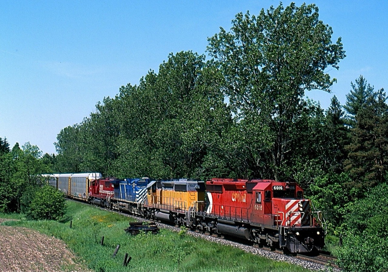 This day myself and fellow Railfan Brian Switzer found ourselves in Cambridge trying to find 234, which was apparently working Galt. After checking the mainline with no luck we stumbled over him at a location once know as Finnigan. The location is right beside the large Babcock & Wilcox ant in Cambridge, a location once served by bother CN and CP as both lines run parallel to eachother there. Today the old CN name sign is long gone and the area rebuilt not to mention CN no longer runs down that far on the Fergus spur. CP also no longer has mainline trains come and work that far up the branch with all lifts and drops basically done at Wolverton. After seeing CP 234's nice consist thus day we made a run for the farmers field near the one-time end of the siding at Killean ( another name that has vanished since the siding was severed at one end. The impressive consist had SD40 6016 leading one of HLCX's former UP SD40's, as well as a CEFX AC4400 and SOO Line wide cab SD60M.