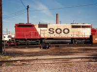 SOO Line SD40B 6450 is viewed getting serviced at Canadian Pacific's Toronto Yard between assignments. During the 1990's, this one of a kind SOO Line unit, did occasionally venture into Ontario from the US. It is ex-BN SD40B 7600 and nee-BN SD40 6302.

