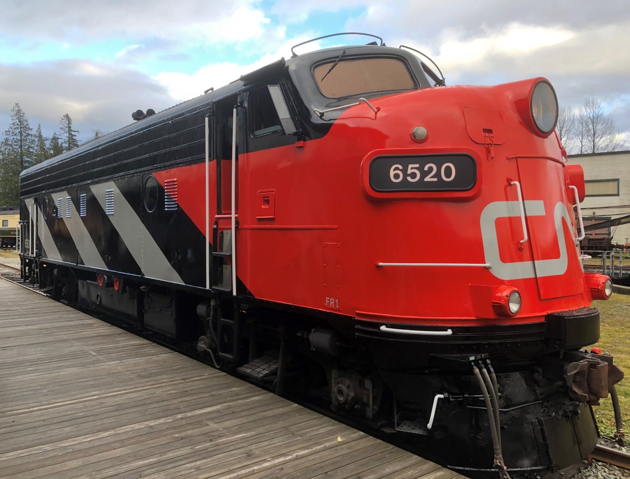 Recently repainted in the bold and striking 1961 CN scheme that it would wear for most of its career in passenger service, CN 6520 was revealed to the public in Squamish in November 2019, after several years of restoration and upgrades. Geared for a top speed of 89mph, CN 6520 was used to pull the finest regional and transcontinental trains of its time. It finished its career painted in VIA colours until it served again in CN Green and Gold in Ontario at the Waterloo & St. Jacobs Railway. It runs very well and will be one of our prime pieces of motive power for Dinner Trains and other special events.