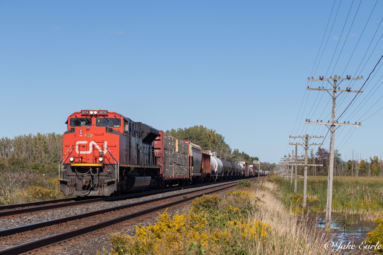 CN 305 comes through Mile 119 around station sign Brockem, with 8014 taking the lead, and 2190 serving as the DPU hauling freight, from Moncton NB-Toronto Mac Yard ON.