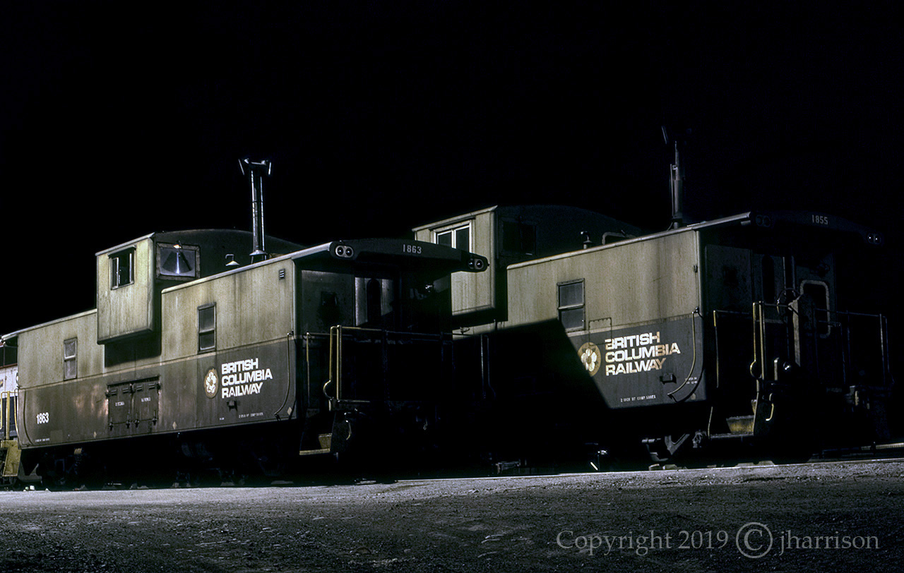 BCOL Cabooses 1863 and 1855 are at rest for the night in the yard at Lillooet. It's 2240 hrs. and we could roam wherever we wanted, all day and all night, no questions asked. For those interested in such things, the photo was taken with Kodachrome 64, 20 seconds at f/5.6