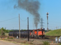 This cut of tank cars was backed out of Clover Bar yard, through the crossover and onto the Wainwright mainline. The 9482 came to a stop when it cleared the signal seen just behind the cab in this photo. The cars are being delivered to a customer north of the mainline. This is the result when the light to go ahead came. I love the reaction by the 1438.