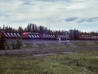 A photo not to be admired for its beauty, heavy overcast and almost 20:00, the units were in heavy shadow. Thus, a little photo work was required to bring out the subject. What is shown in the photo and I saw several times going to and from Jasper is this typical use of the F unit "beetles". With 2 trains meeting just east of Edson, both making use of these B units, all in one frame. The consist on the left is made up of 5093, 5000, 9106 and 5335. The right has the 5418, SD50F and F7Aum, (cannot make out the unit numbers).