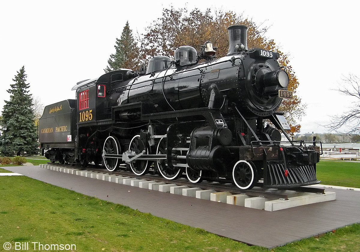 The former Canadian Pacific Railway D10h 1095, "The Spirit of Sir John A.", sits proudly on display by the old K&P Kingston Station at Confederation Park. Originally built in Kingston by the Canadian Locomotive Company in 1913 as one of CP's popular "D10" class of 4-6-0 locomotives, 1095 spent many of its later years in the Ottawa and Southern Ontario areas. It was retired at the end of the steam era, and donated to the city of Kingston for display in July 1965.