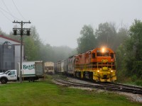 On a damp and foggy Wednesday morning, QGRY GP40M-2 #3800 leads its maited GP38 slug (QGRY 800) northbound on the Goderich Sub towards Guelph on the Guelph Junction Railway, whose motive power was just recently switched over from OSR to GEXR, hence the QGRY locomotives. Seen here at the 15 Side Road crossing, the location of Sharpe Farm Supplies. Super chill crew, thanks guys!