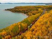 <b>Kama Bay! What a sight!</b> 10 years ago (from the date of this upload) I stood high above the waters of Lake Superior and among the peak fall colours the 'North Shore' had to display with my (then) girlfriend and captured Vancouver to Montreal train 112-24 passing below. I'd return the following year to capture the scene in the<a href="http://www.railpictures.ca/?attachment_id=1002"> summer.</a> Not sure if I'm going to recreate this one in the winter time tho...