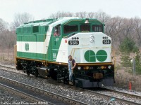 The GMD shop crew takes their latest freshly-minted unit, GO Transit F59PH 566, out for a spin on the test track near the GMD London plant along the CP Galt Sub line to the south. Part of GO's final F59PH order of 7 units numbered 562-568, 566 would only haul GTA commuters for two years, until cuts lead to GO selling off four of its units to Texas commuter rail startup Trinity Railway Express in 1996. Today, GO 566 still operates for TRE as their TRWX 124.
<br><br>
<i>Gord Taylor photo, Dan Dell'Unto collection slide.</i>
<br><br>
*For more info on the F59PH, I've written a brief "Master Class" for Rapido Trains in anticipation of their upcoming model release: <a href=https://rapidotrains.com/master-class/diesel-locomotives/gmdd-f59ph-master-class><b>https://rapidotrains.com/master-class/diesel-locomotives/gmdd-f59ph-master-class</b>.