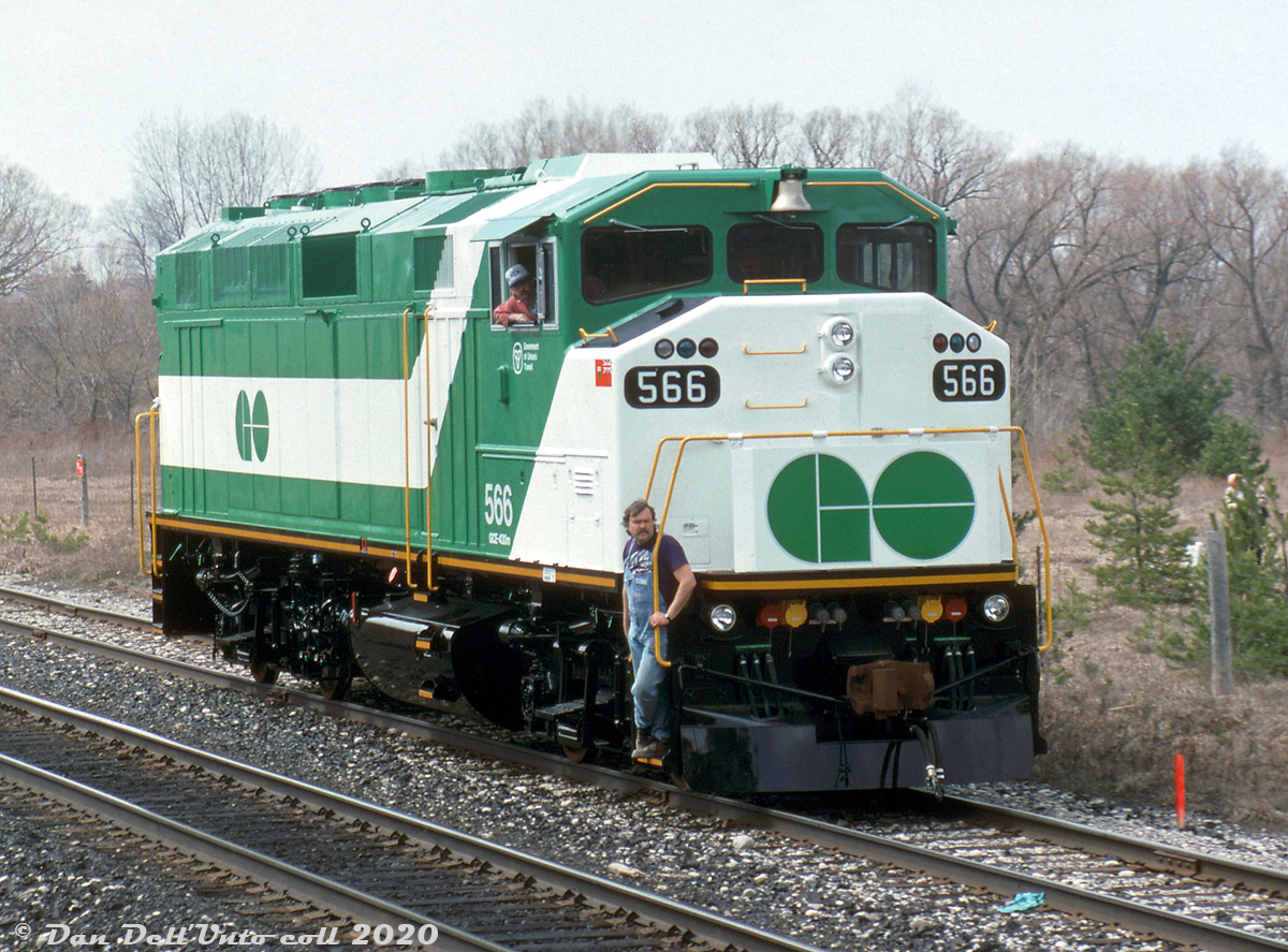 The GMD shop crew takes their latest freshly-minted unit, GO Transit F59PH 566, out for a spin on the test track near the GMD London plant along the CP Galt Sub line to the south. Part of GO's final F59PH order of 7 units numbered 562-568, 566 would only haul GTA commuters for two years, until cuts lead to GO selling off four of its units to Texas commuter rail startup Trinity Railway Express in 1996. Today, GO 566 still operates for TRE as their TRWX 124.

Gord Taylor photo, Dan Dell'Unto collection slide.

*For more info on the F59PH, I've written a brief "Master Class" for Rapido Trains in anticipation of their upcoming model release: https://rapidotrains.com/master-class/diesel-locomotives/gmdd-f59ph-master-class.