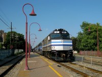 Ex-Amtrak AMT 301 leads a westbound train that is stopped at Montreal West Station in 2010, with leased GP40FH-2 NJT 4140 at the other end. At this point many trains through here had power at each end, but at present cab cars always lead west. AMT got rid of F40's a couple of years after this photo was taken.