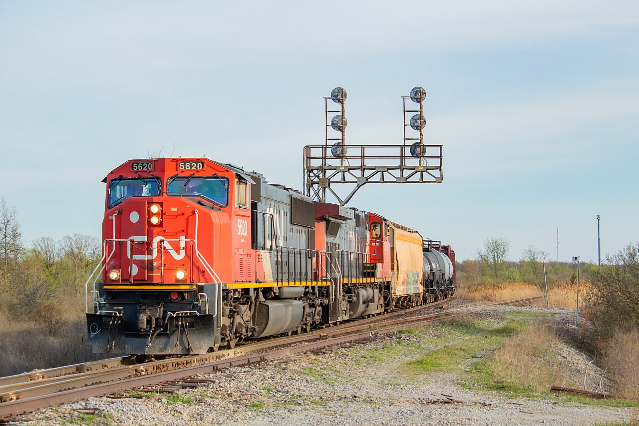 CN Yager is a spot I find myself at on pretty much every trip to Niagara. The southbound angles over the bridge or under the signals are both pretty predictable and easy shots. The northbound angle however was one I had yet to explore. As I have mentioned previously, 531/530 were cancelled for a while this Spring/Summer, and the duties were handled by 562/561. 562 was going over the border into Buffalo earlier than 531, and thus 561 was returning earlier than 530 normally would. This meant opportunities for shots on the return trip such as at Duff, and other locations on the Stamford Sub. This was the only shot I'd manage this summer of a northbound here. You can clearly see the third crew member in the trailing unit - a product of physical distancing. The track at right is the Humberstone Spur.