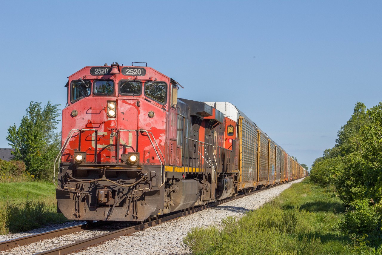 Cn 439 rolls down the Chatham sub with pretty rare power as it slowes down as it approaches a switch to enter the Cn Chysler Spur