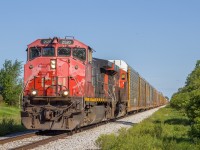 Cn 439 rolls down the Chatham sub with pretty rare power as it slowes down as it approaches a switch to enter the Cn Chysler Spur 