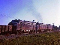 Early evening grab shot, a Kodak Instamatic Moment of N&W train #91 flying along westward into the sunset after having clattered over the diamond of the CN Dunnville sub. Notes from the day indicate the train had 58 cars and went by at 19:40 on a beautiful summer evening.