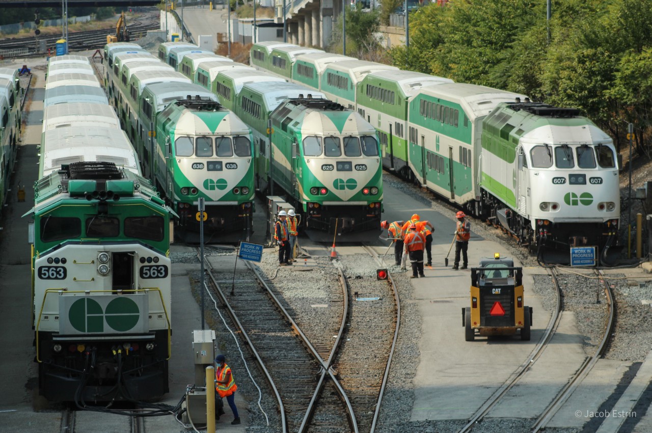 Four GO Trains seen sitting in Bathurst Yard waiting for the afternoon rush to begin.