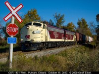Well, of course I'll "STOP"....  With OSR 1401 now on point heading west, the Woodstock job pulls 6 hoppers of various lineage toward the large grain facility in Putnam, Ontario as it is about to cross Five Points Road.