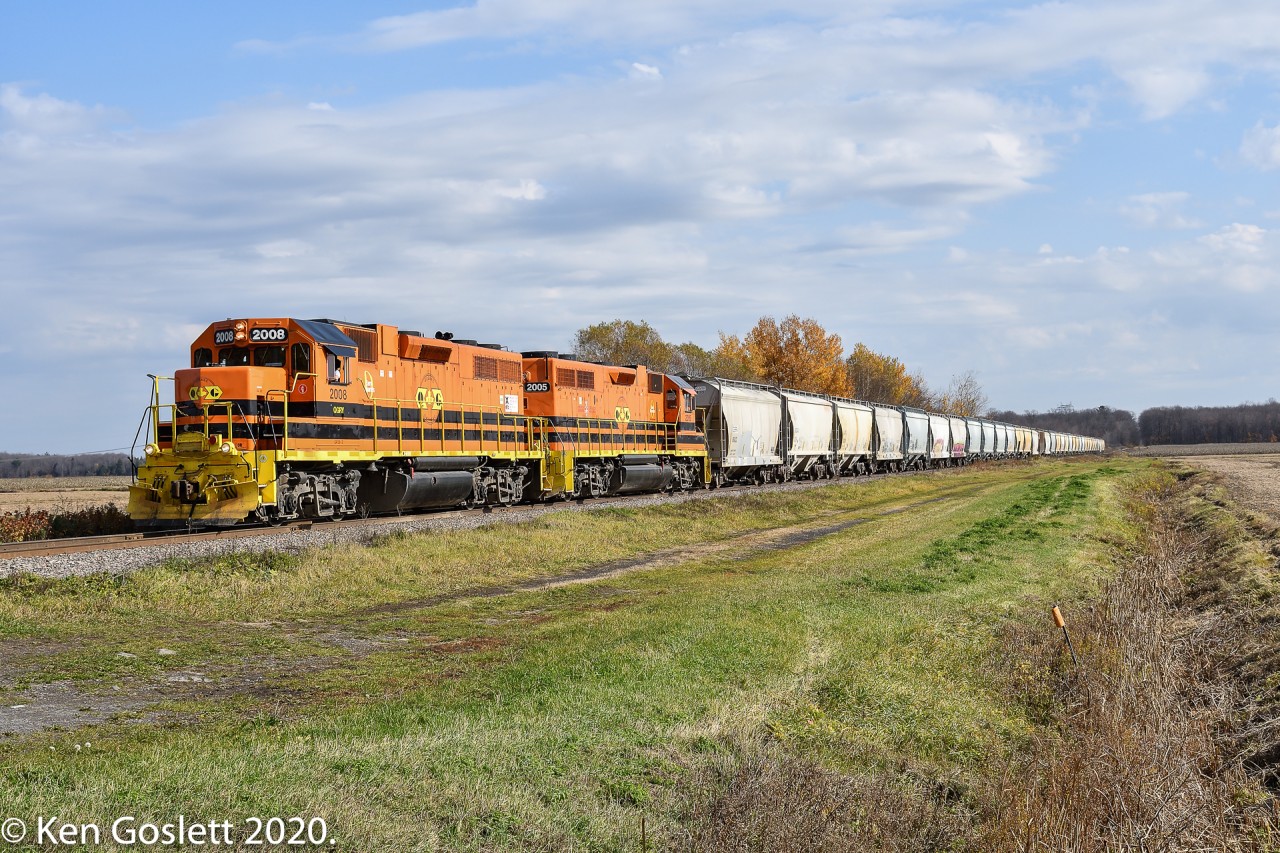 Westbound on the Lachute sub the Ste-Thérèse - Thurso turn hauls 35 Lafarge cement cars to the Lachute spur for winter storage.