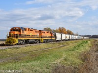 Westbound on the Lachute sub the Ste-Thérèse - Thurso turn hauls 35 Lafarge cement cars to the Lachute spur for winter storage.