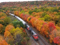 CN 394 sweeps through the Dundas Valley as they approach the York Road overpass amid some very vivid falls colours.  With the Dundas Peak requiring paid reservations to visit this year, I decided to take the drone up in a spot that wouldn't normally be possible to view.