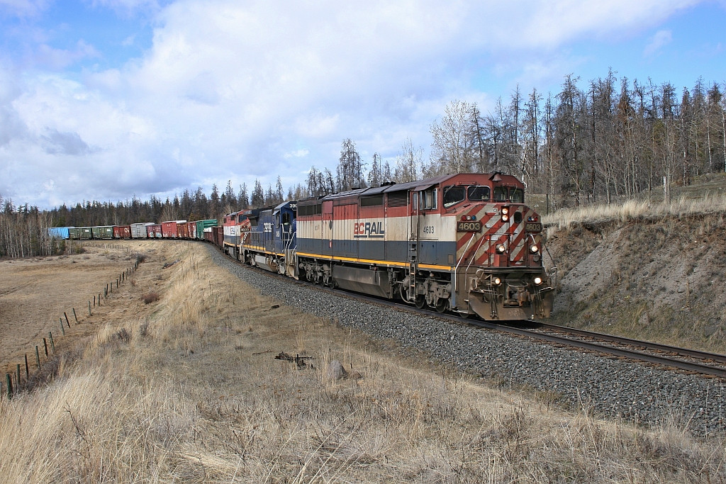A very dry spring day, not much colour except for the trio of BC Rail units leading train 571. We had been out chasing couple of trains and this was the last spot for photos that day.