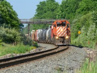 On this particular day again with the 3018 up front, T69 with only two 38’s notch up under the old farmers bridge where the old Killean siding was located about 100 feet behind me. They were surprisingly big today running with way more GJR traffic then the previous days I saw them when they would run to Guelph Jct just to run around there train with the cars they lifted from Federal White Cement in Zorra, with no GJR traffic. This unit is now working with a RC unit assigned for switching in London as I last recall. 