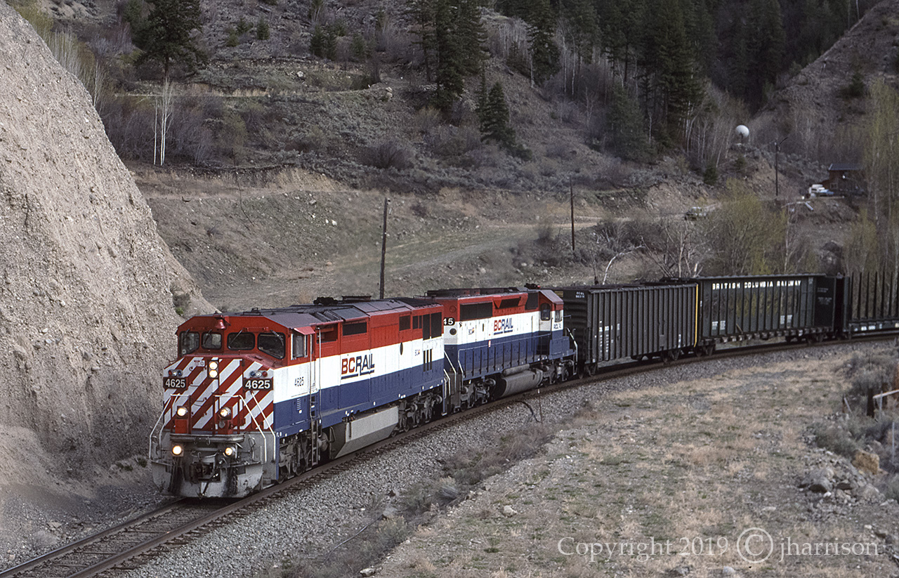 When I saw Aidans photo of this unit I thought I'd submit this one that shows the 4625 when she was just over two years old and headed north out of Lillooet with the 745 trailing at Gibbs on BCRs Lillooet Sub.