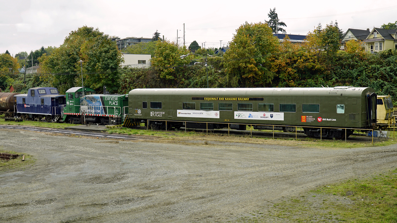 Owned by the Bay View development these two units will be moved to the roundhouse site in Victoria to become part of a historic working display to honour the E&N Railway.  The coach, RPCX 754, is ex CN ex VIA from the Super Continental.  The engine is former ARS Canadian Rolling Stock INC. (now FOMX) SW8, 1001 which travelled all the way from from Moncton, NB.