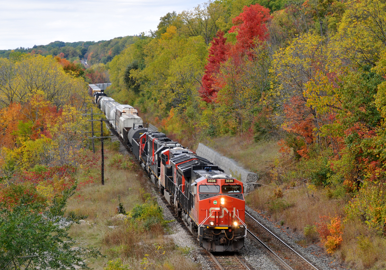 M39491 02 descends the grade through Dundas, ON with CN 3036, CN 3232, IC 1025, and CN 5447 leading 155 cars