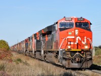 A42131 14 passes through Beamsville with CN 3245, CN 3259, CN 2409, CN 2154, BCOL 4616, CN 2414, CN 2400, CN 2426, CN 2410, CN 2411, BCOL 4613, CN 2173, CN 2401, CN 2421, CN 2435, CN 2169, IC 2455, CN 2428, BCOL 4610, BCOL 4606, CN 2189, CN 2158, CN 2453, CN 2121, CN 2445, CN 2413, and BCOL 4614 with 145 cars + CN 3084 as mid DPU.   The Dash-8's are headed are all headed for scrap DIT   