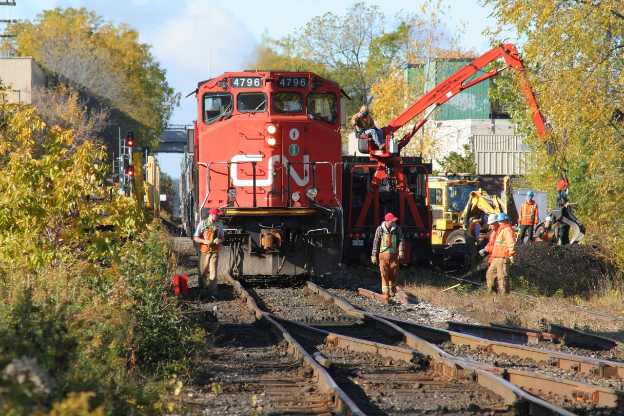 During October 2019 PNR RailWorks was completing major track upgrades on the Guelph Subdivision in Kitchener, including the removal of the crossover and switches at Mile 62.14. Here CN L540 is seen having just reversed through this crossover with 4796 and 7083, as the crew exchanges greetings with several PNR RailWorks employees, prior to heading east to Guelph. Shortly after the crossover switches here were removed, so this was possibly the last CN L540 to complete this move.