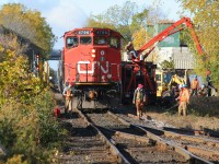 During October 2019 PNR RailWorks was completing major track upgrades on the Guelph Subdivision in Kitchener, including the removal of the crossover and switches at Mile 62.14. Here CN L540 is seen having just reversed through this crossover with 4796 and 7083, as the crew exchanges greetings with several PNR RailWorks employees, prior to heading east to Guelph. Shortly after the crossover switches here were removed, so this was possibly the last CN L540 to complete this move. 